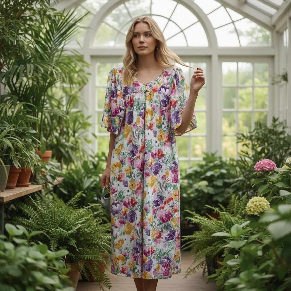 Katz House Dress Womens L Multicolor Floral Flutter Sleeve Vintage Muumuu 90s